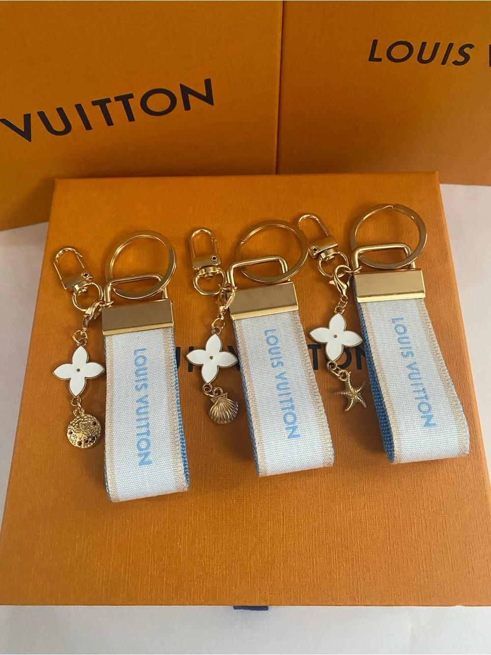Louis Vuitton White and Light Blue Ribbon Keyring with Gold Hardware
